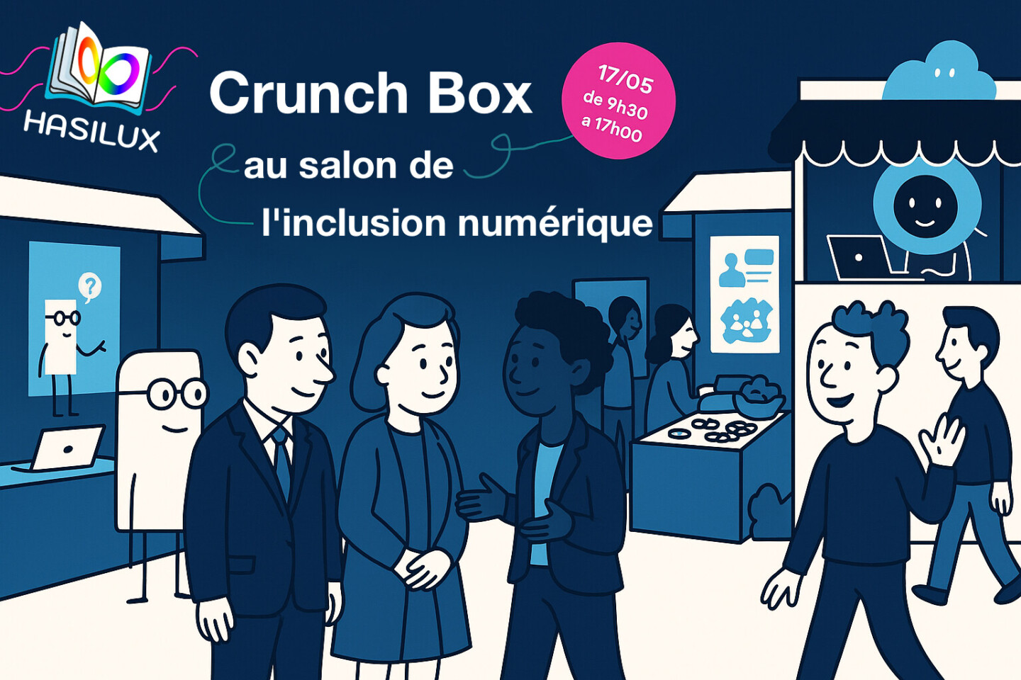 Illustration of the digital inclusion fair. People talking in the. center and different stands in the background